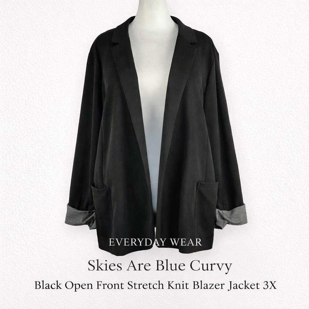Skies Are Blue Curvy Black Open Front Stretch Knit Blazer Jacket 3X